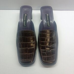 Etienne Aigner Women's Size 9M Croc/Gator Print Leather Mules Block Heel Brown